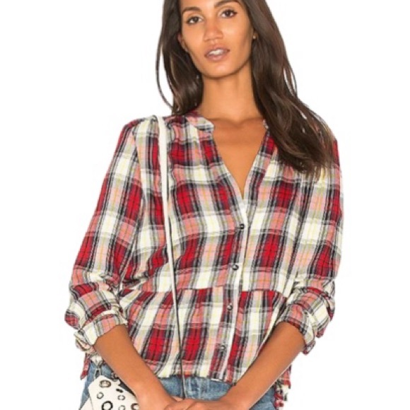 Splendid  Edgware Plaid Ruffle Hem Peplum Button Down Blouse Womens Size M Red - Picture 1 of 15